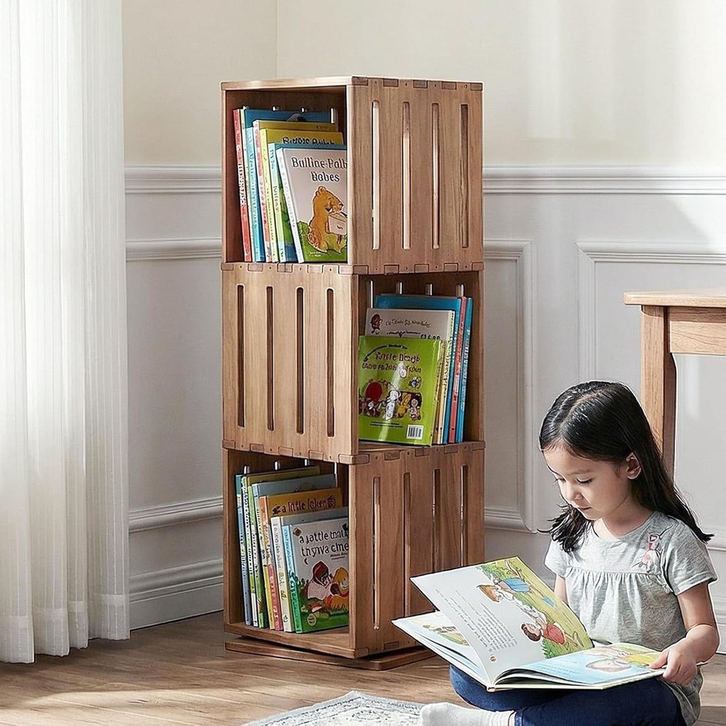 Wooden Rotating Bookshelf, 360°Spinning Deep-Bin Tower for Art Books&Large Formats, Solid Wood Revolving Bookcase, Floor Standing Storage Rack,Corner Organizer,Small Space,study,Office, 3-Tier