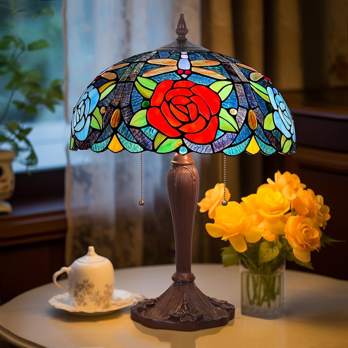 Tiffany Style Table lamp, Dragonfly & Rose Stained Glass Desk Light - Antique 16” Large Nightstand Bedside Reading Light for Living Room Bedroom Office