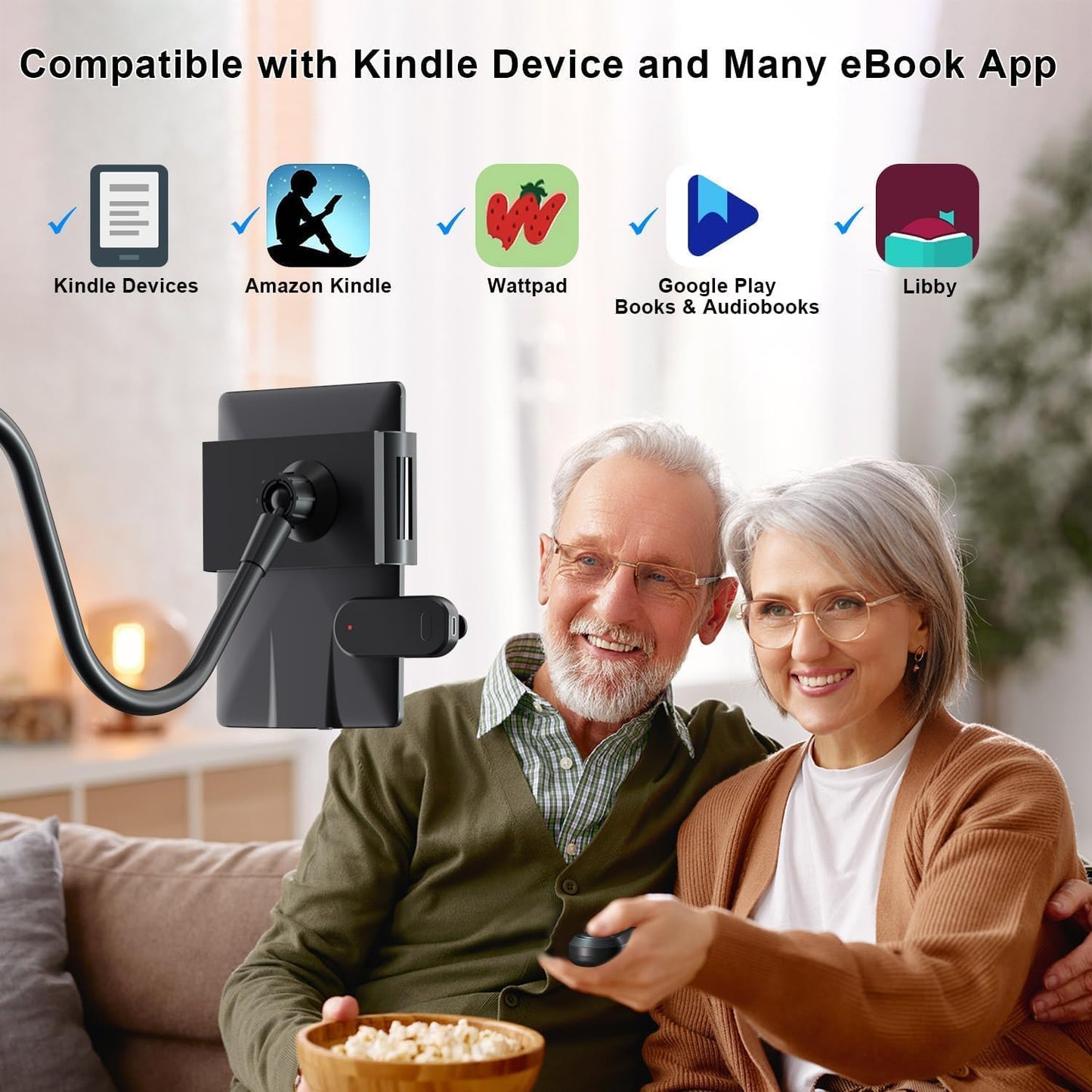 Bedside Tablet Holder for Kindle Reading in Bed with Remote Page Turner, Hands Free Desk Gooseneck Stand for Kindle Accessories, Gifts for Readers