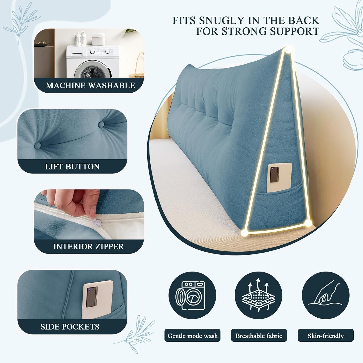 Headboard Pillow King, Large Triangular Wedge Headboard Pillow for Reading and Resting, Backrest Positioning Support Pillow with Removable Cover (Light Blue)