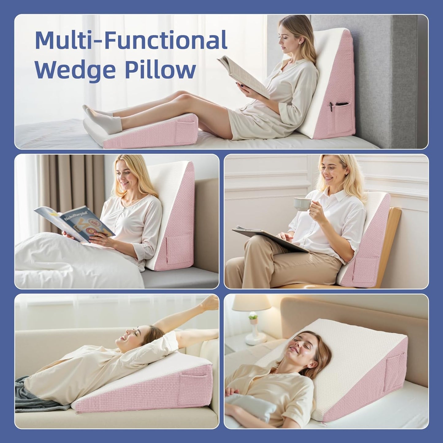 Wedge Pillow for Headboard, 12’’ Triangle Elevated Bed Wedge Pillow for Acid Reflux Relief, Sleeping, Post Surgery, Back Pain Relief, Snoring, Soft Memory Foam Top & Washable Breathable Cover, Pink
