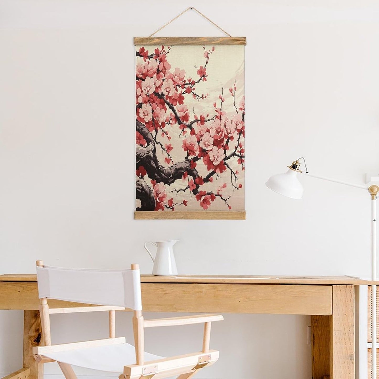 Vintage Japanese Floral Cherry Blossom Poster with Wooden Frame Personalized Linen Hanging Scroll Painting Rustic Wall Hanging Illustrative Modern Artwork Decor for Home Living Room Bedroom Office