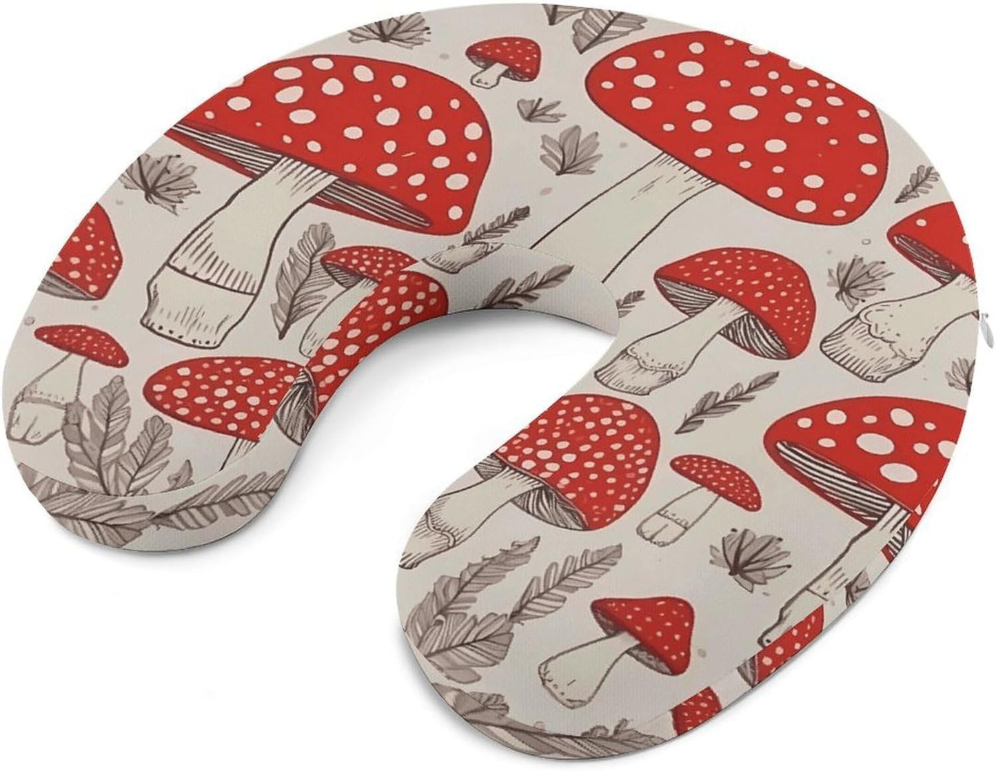 Red White Mushroom Neck Pillow Memory Foam U Shaped Pillows Portable Pillows for Shoulder Travel Head Support Pillow with Concealed Zipper for Airplane Car Home Office