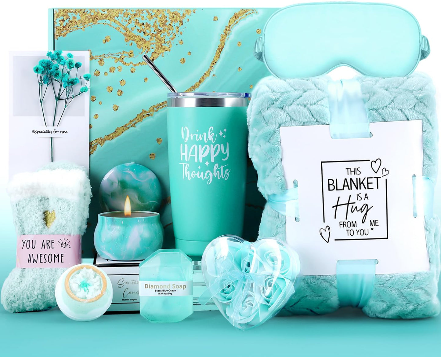 Valentine’s Day Gift Basket for Women – Romantic Ocean Spa Gift Set for Girlfriend or Wife, Birthday Anniversary Present, Premium Self Care Box with Blanket, Tumbler & Spa Accessories