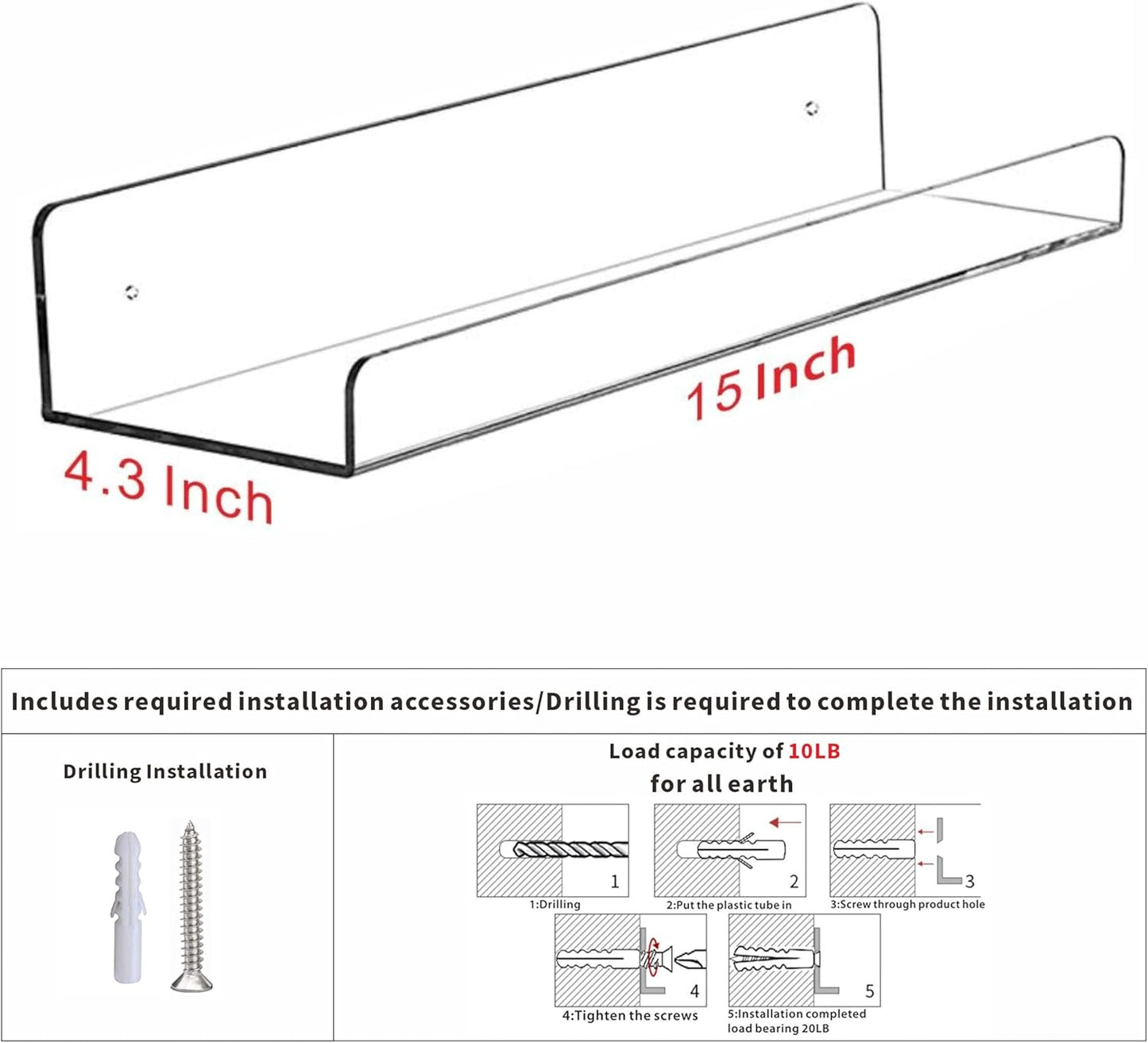 2 Pcak Clear Acrylic Shelves for Bedroom,Room,15 Inch Bathroom Wall Shelf & Organizer,Invisible Floating Shelves & Wall Storage for Collectibles Perfume Shelf,Record,Funko Pop,Lego Display,Bookshelf