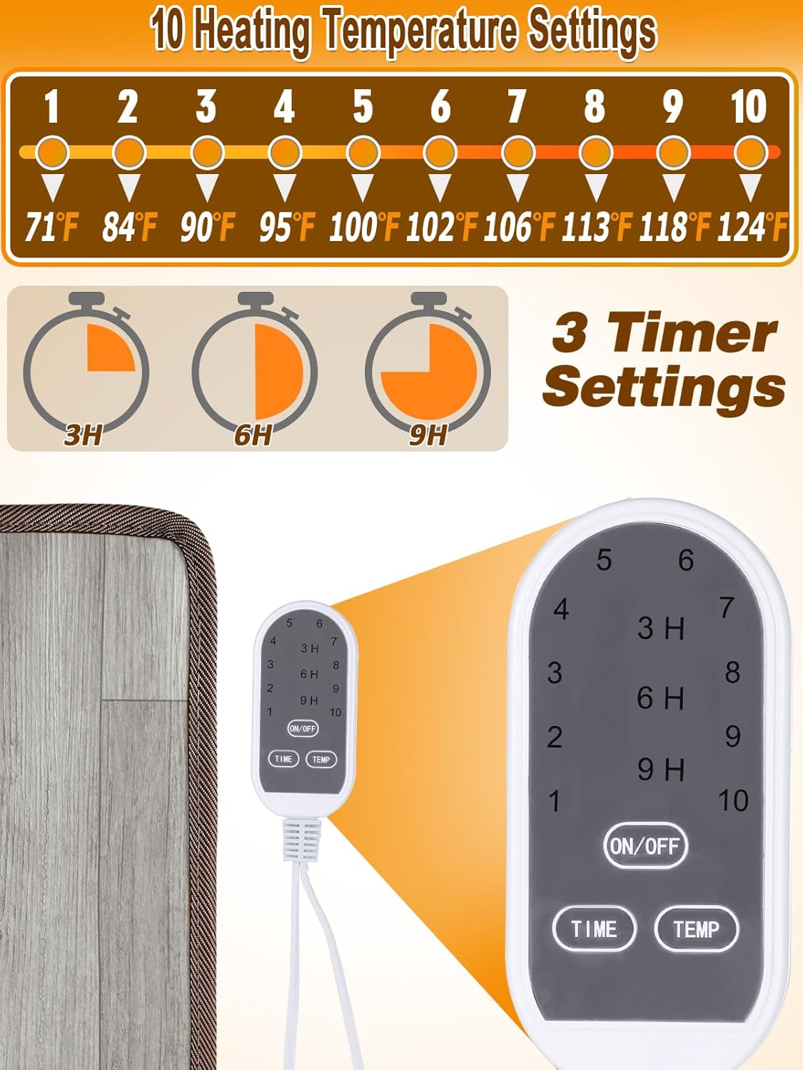 15.7x19.7in Heated Floor Mat - Foot Warmer Under Desk, 110V Electric Heating Pad with 3 Timers & 10 Adjustable Temperatures for Winter Home Office (Gray)