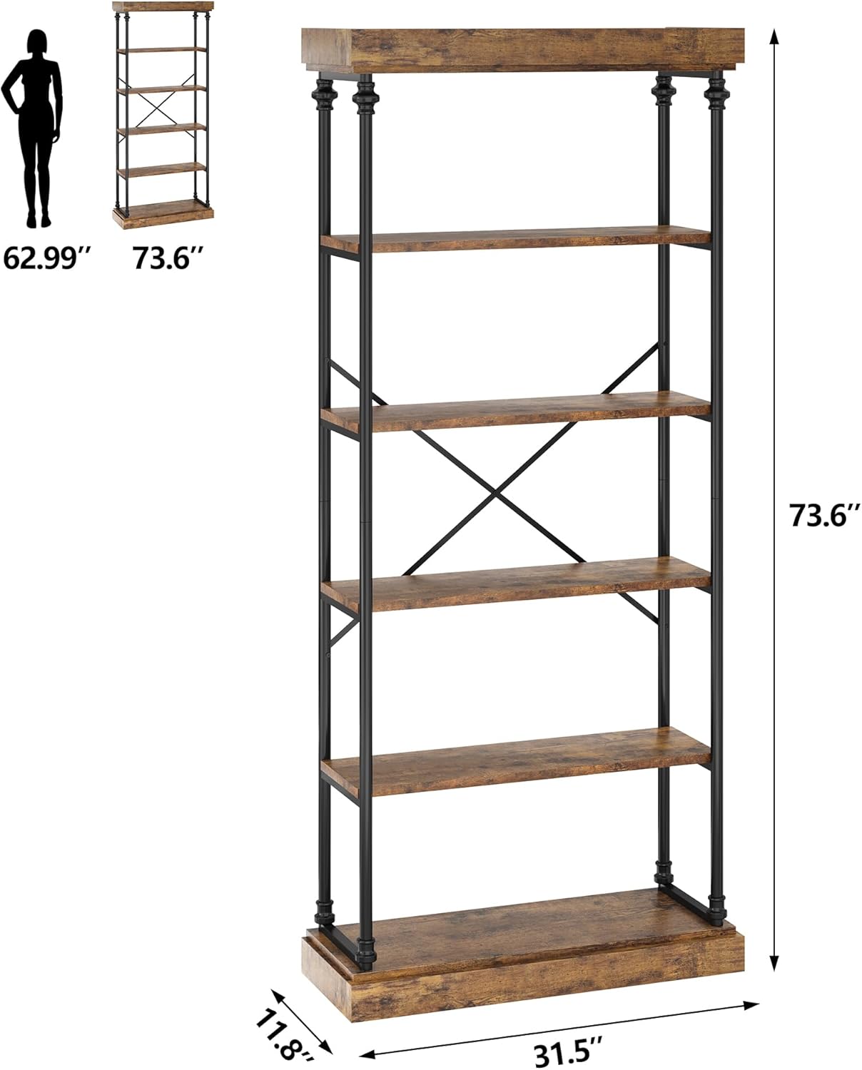 GarveeHome 6 Tier Bookshelf Industrial Bookcase Wood Tall Standing Bookshelves Wood Vintage Display Rack Rustic Bookshelf