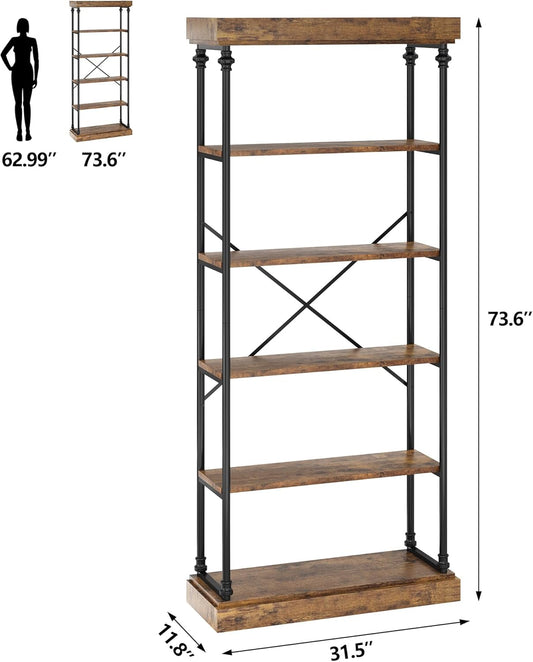 GarveeHome 6 Tier Bookshelf Industrial Bookcase Wood Tall Standing Bookshelves Wood Vintage Display Rack Rustic Bookshelf