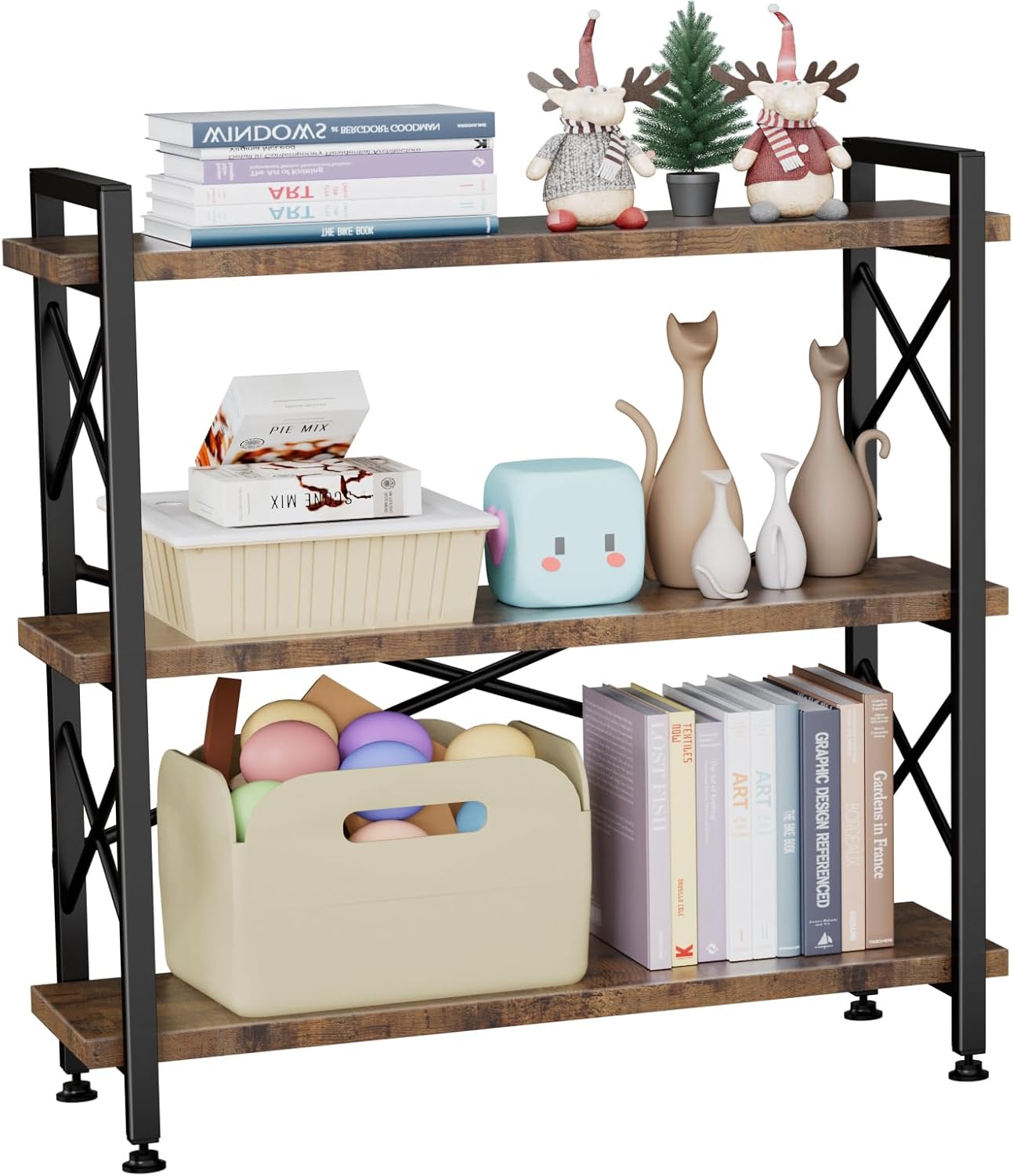 3 Tier Bookshelf 35.43" Width, Rustic Open 3 Shelf Short Bookcase with Metal Frame, Industrial Book Shelf for Home Office Bedroom Living Room (Rustic Brown)