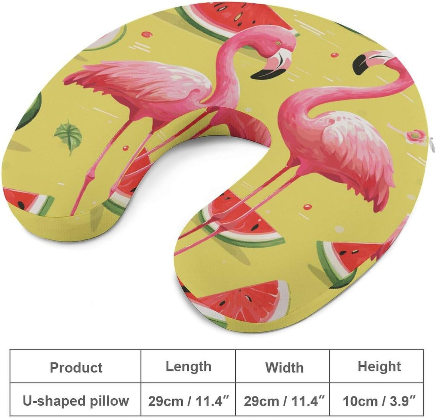 Pink Flamingo and Watermelon Neck Pillow Memory Foam U Shaped Pillows Portable Pillows for Shoulder Travel Head Support Pillow with Concealed Zipper for Airplane Car Home Office