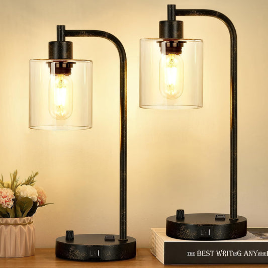 Set of 2 Industrial Table Lamps with USB Port, Rustic Black Fully Stepless Dimmable Bedside Lamps for bedrooms, Nightstand Desk Lamps with Clear Glass Shade for Reading Living Room Office 2 LED Bulb