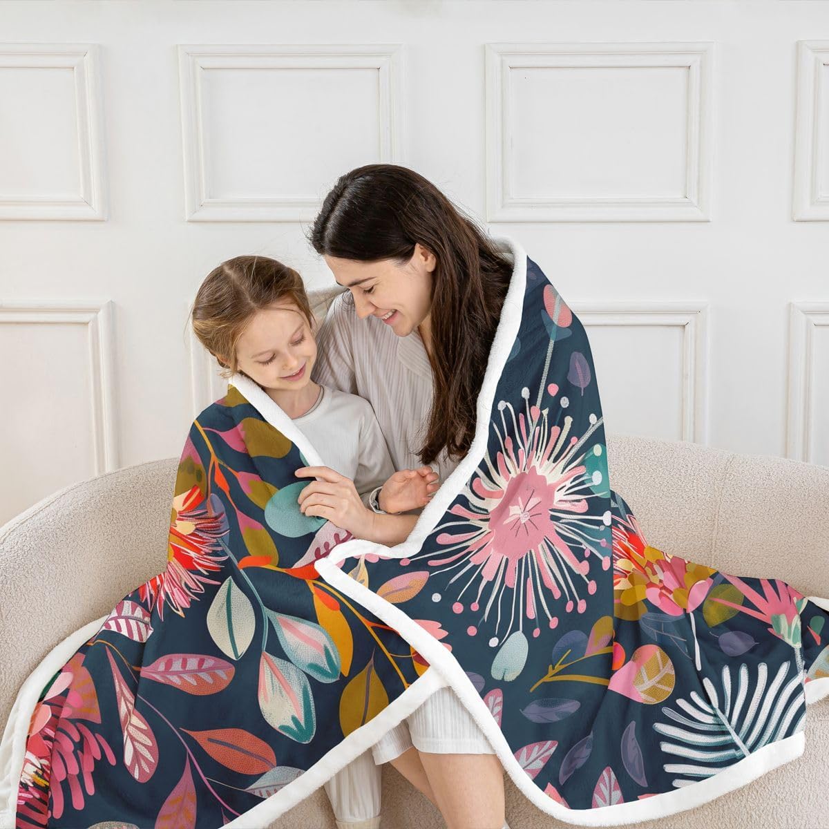 Feelyou Floral Sherpa Throw Blanket for Couch Navy/Pink/Orange Super Soft Cozy Fleece Garden Blanket for Winter, Plush Throw Vintage Floral Baby 30"x40" All Season