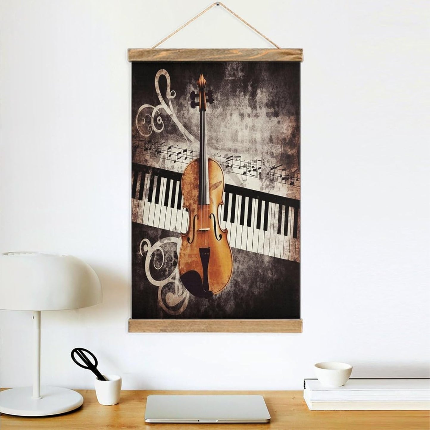 Vintage Piano Violin Music Notes Poster with Wooden Frame Personalized Linen Hanging Scroll Painting Rustic Wall Hanging Illustrative Modern Artwork Decor for Home Living Room Bedroom Office