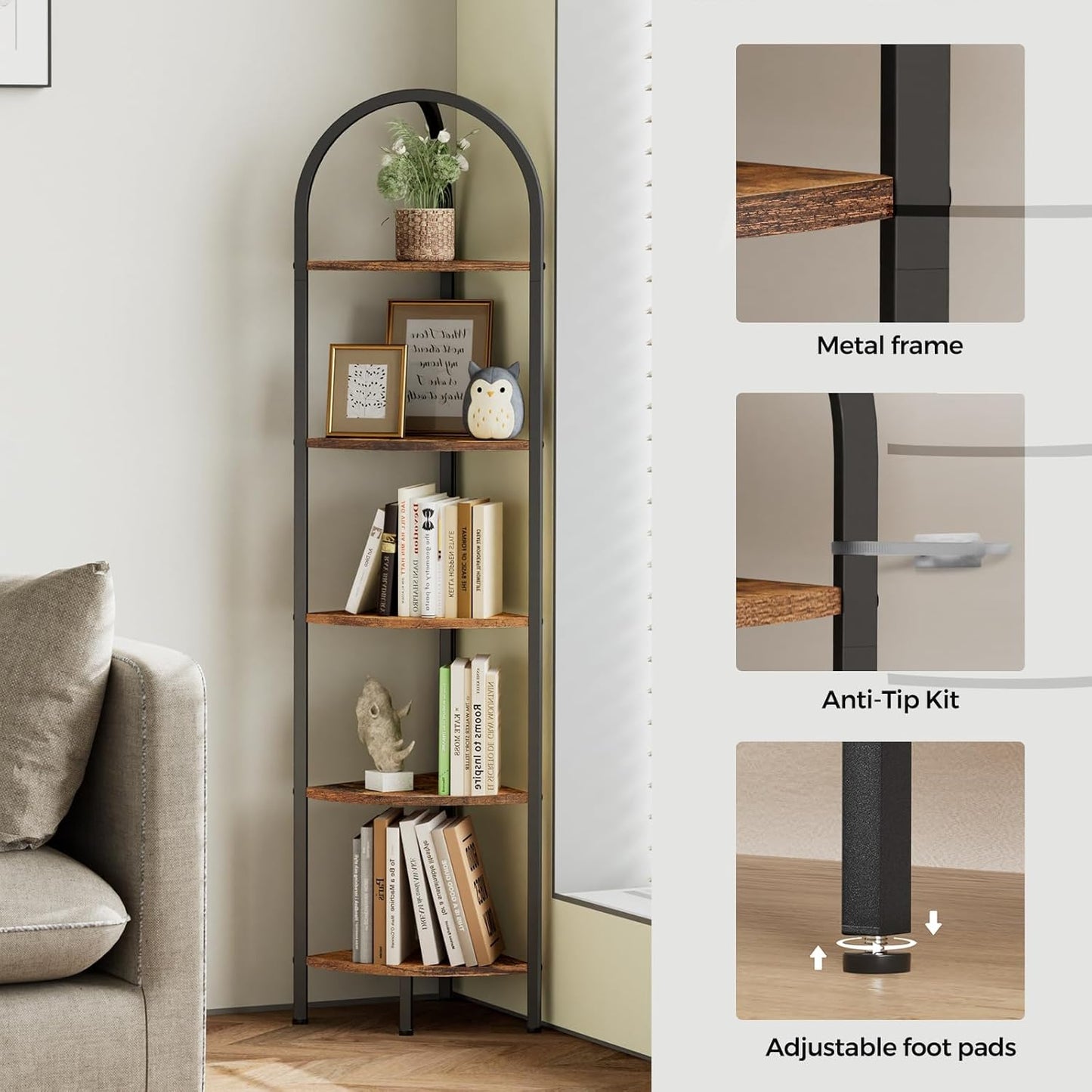 Homhedy 5-Tier Arched Corner Shelf Stand, Wall Corner Bookshelf with Metal Frame, Plant Stand, Industrial Storage Rack Shelf for Living Room, Bedroom, Office, Bathroom, Rustic Brown and Black