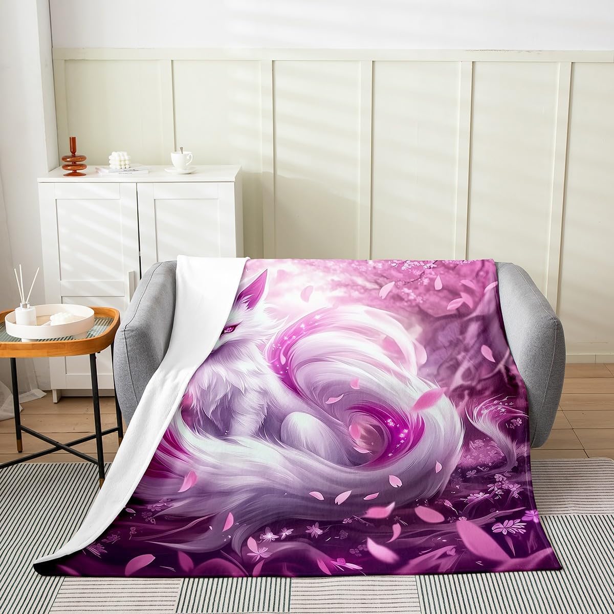 Feelyou Pink Fox Plush Throw Blanket Twin 60"x80" Kids Japanese Cherry Blossoms Flannel Fleece Blanket Boys Girls Teens Cute Cartoon Fox All Season for Bed Woodland Nature Wildlife