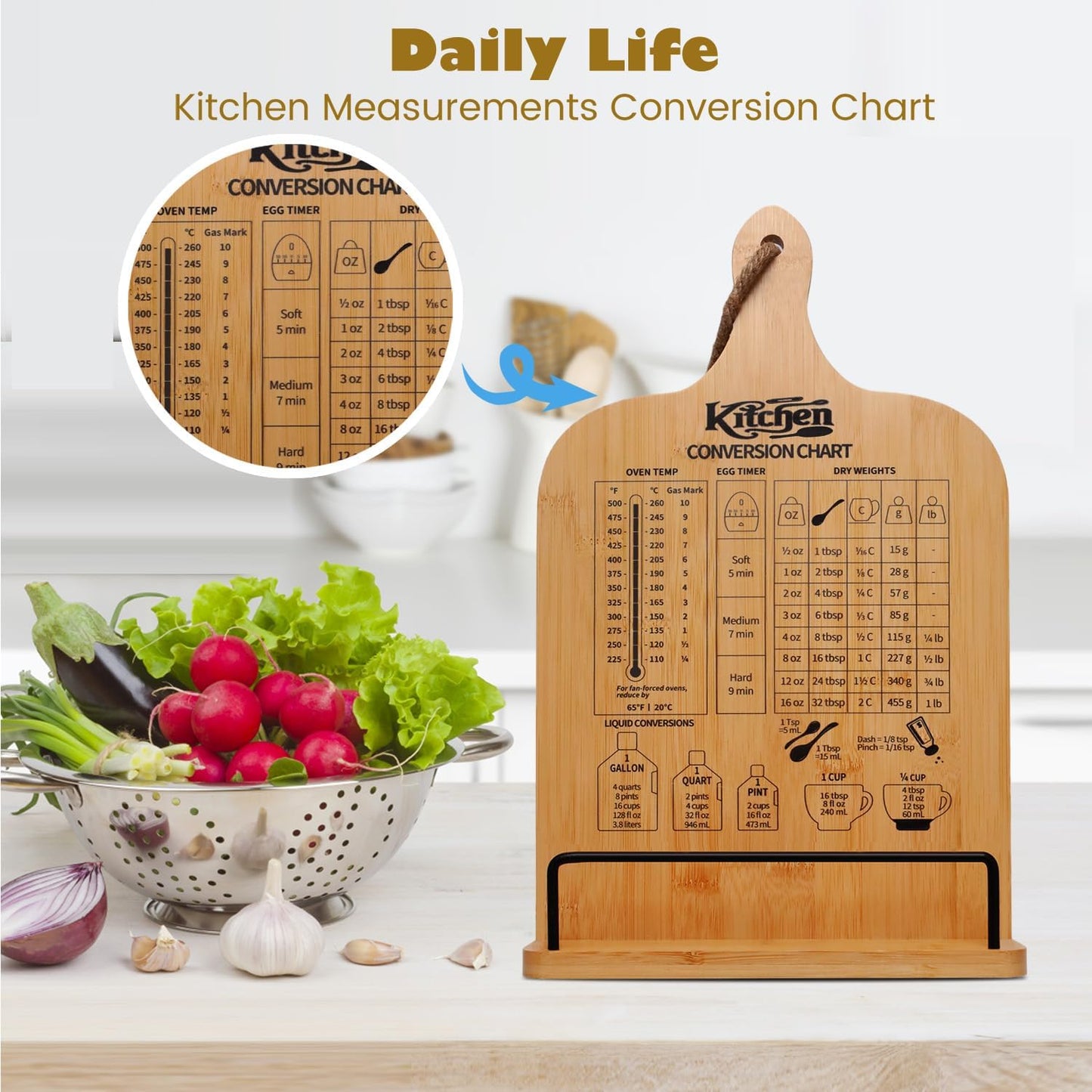 Cookbook Stand for Kitchen Counter, Bamboo Cookbook Holder, Foldable Cook Book Holder, Adjustable Recipe Book Stand, Cook Book Stand with Measurement Conversion Chart