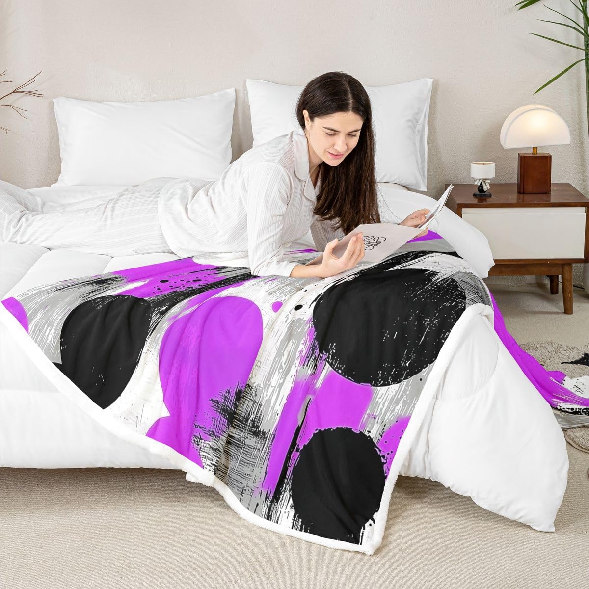 Feelyou Purple Black Circle Sherpa Throw Blanket for Couch Geometric Super Soft Cozy Fleece Modern Abstract Blanket for Winter, Plush Throw Throw 50"x60" All Season