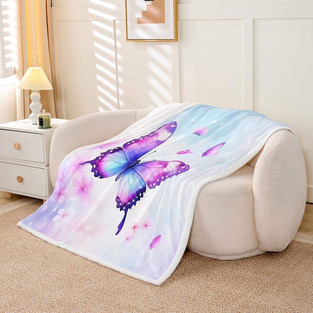 Feelyou Purple Blue Butterfly Fleece Throw Blanket Twin 60"x80" Kids Girls Sherpa Blanket Plush Fuzzy for Bed Couch Chair Living Room, Floral Flower Bed Blanket Cute Watercolor Room Decor