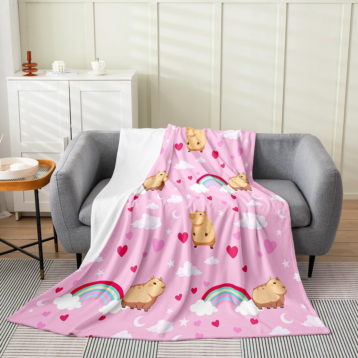 Erosebridal Kids Capybara Flannel Blanket,Twin 60x80 inch Rainbow Animal Bed Blanket for Boys Girls,Pink Love Heart Throw Blanket,Galaxy Clouds Stars Fleece Blanket for Living Room