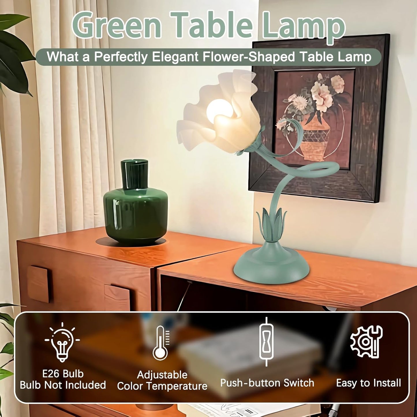 Women Bedside Table Lamps for Bedroom, Cute Flower Desk Lamp with Adjustable Flexible Gooseneck, 3 Color Temperatures Nightstand Lamp with E26 LED Bulbs, Floral Lamp for Living Room, Office,Reading