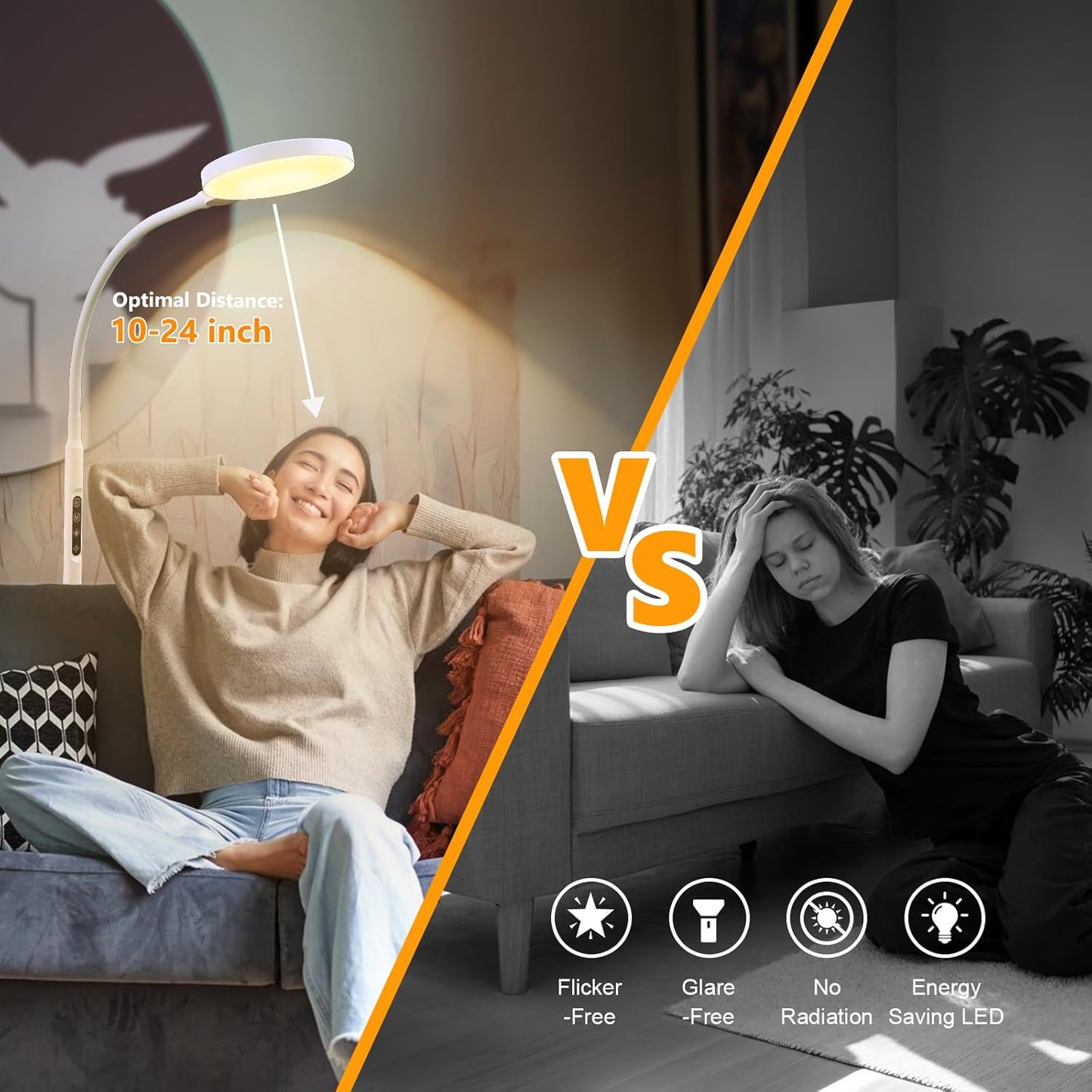 Daylight Floor & Desk Lamp – 11,000 Lux UV-Free Full Spectrum Light, 5 Color Temperatures & 10 Brightness Levels, 360° Adjustable Gooseneck Lamp for Home Office, Bedroom & Reading (White)