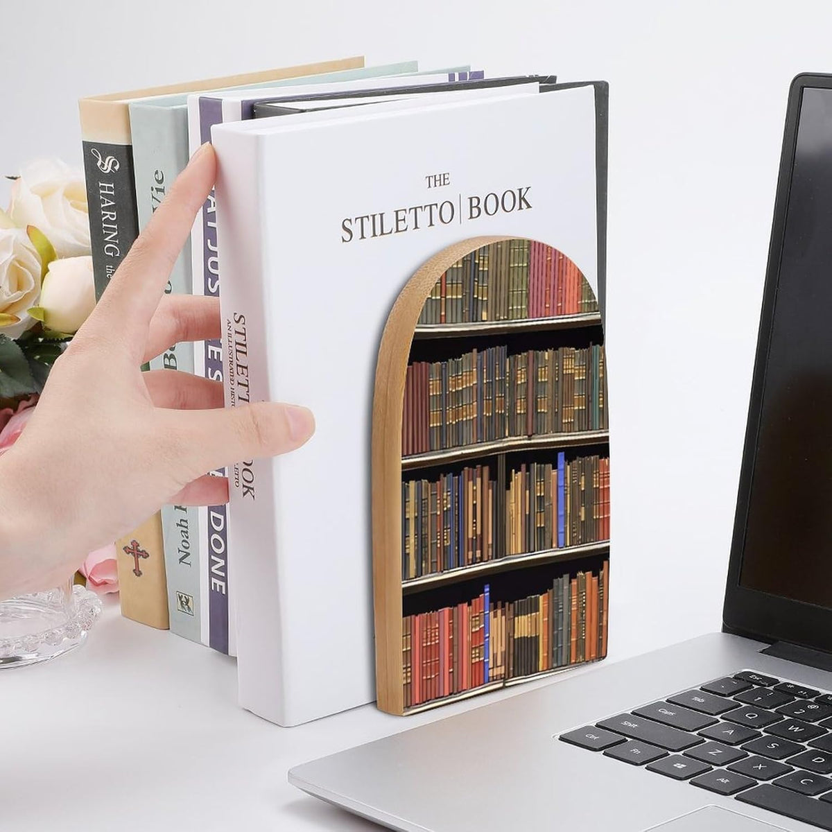 Library Bookshelf Wooden Bookend Non-Slip Book Ends Heavy Duty Book Stopper with Metal Base Books Holderd Decorative Bookends Stands Firmly for Office Supplies