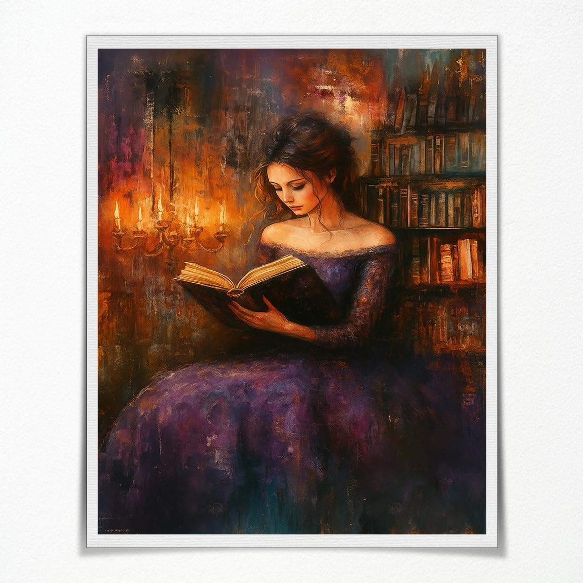 Victorian Woman Reading in Candlelit Library Dark Academia Wall Art posters Print,Vintage Dark Academia Aesthetic moody wall art Reading Nook book room wall decor 08x10in Unframed