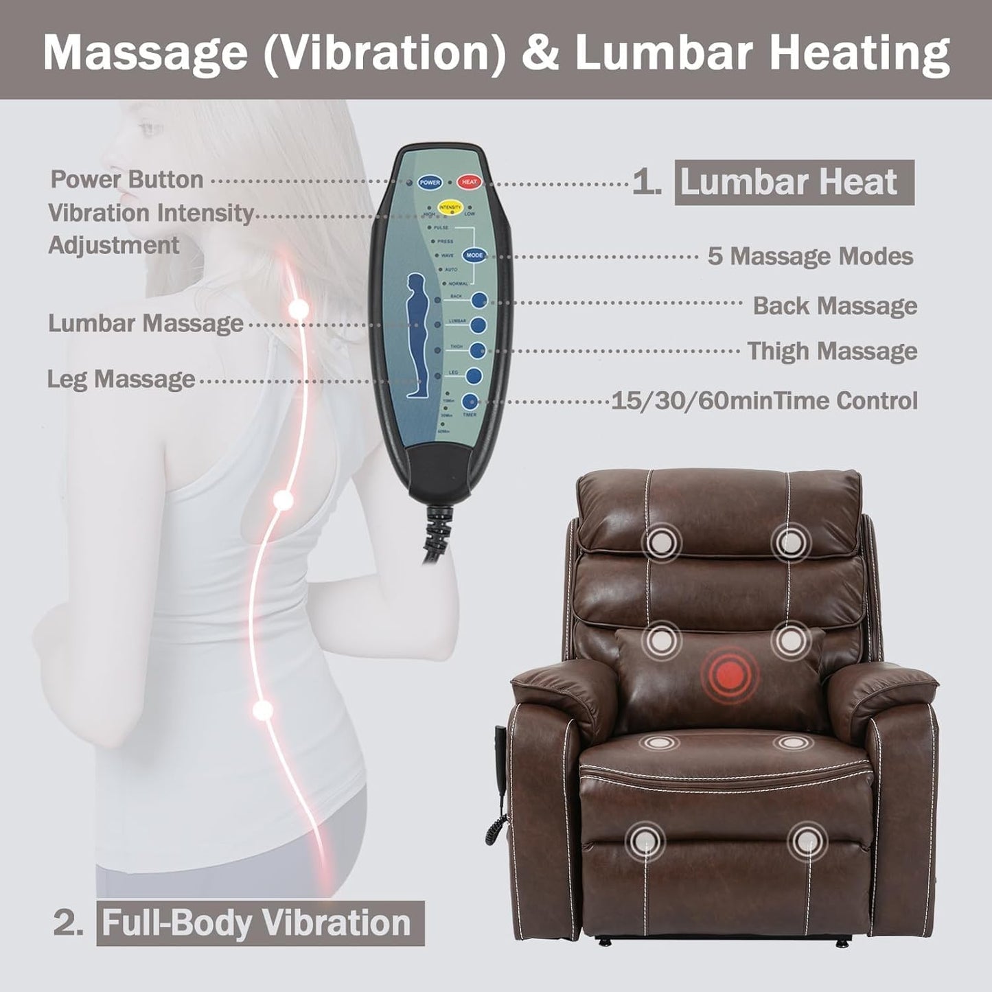 Large Comfortable Power Lift Recliner Chair with Lay Flat Function, Dark Brown Leather Recliner with Massage and Heat, Extended Footrest, Lumbar Pillow, Cup Holder