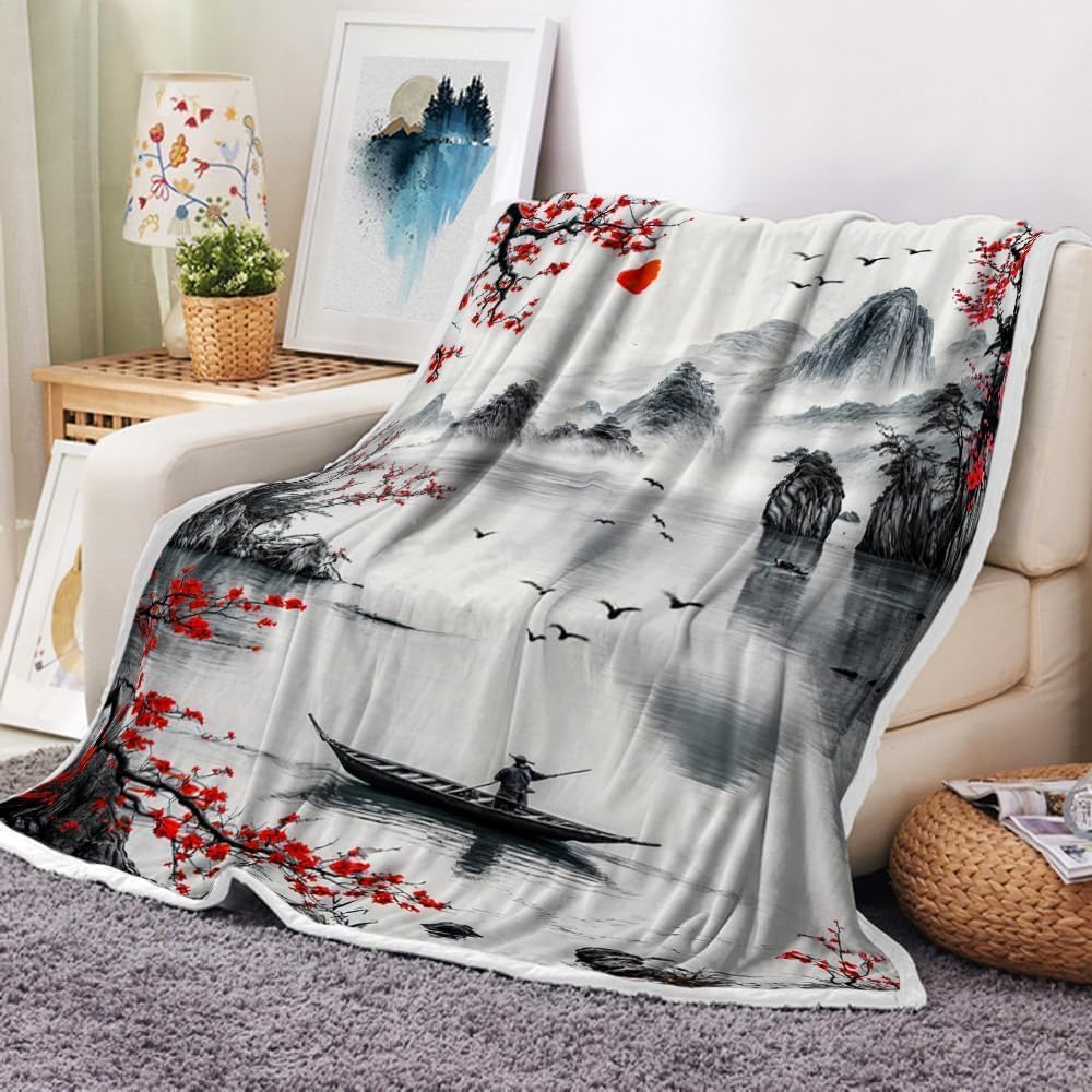 DYNH Japanese Cherry Blossom Throw Blanket, Asian Nature Landscape Throw Blanket, Mountain Cherry Branches Red Sun Ink Painting Soft Warm Flannel Black White Grey Blanket,60X90