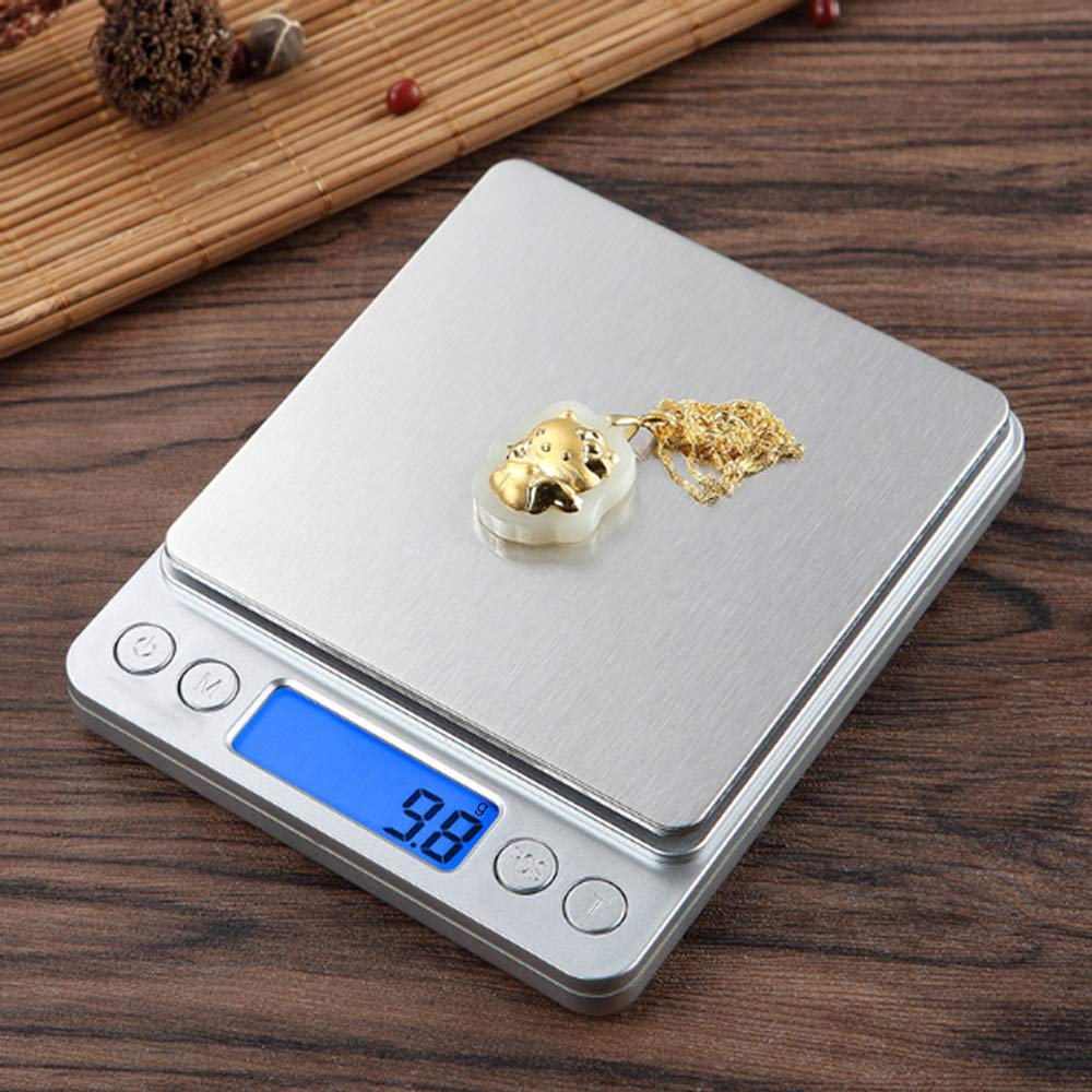 Small Digital Scale,3kg/0.1g,6.6lb,Kitchen Scale,Food Scale,with Blue Backlit LCD Display, 6 Units, Auto Off, Tare, PCS Function, Stainless Steel, Battery Included,Soft Tape Included(150cm)