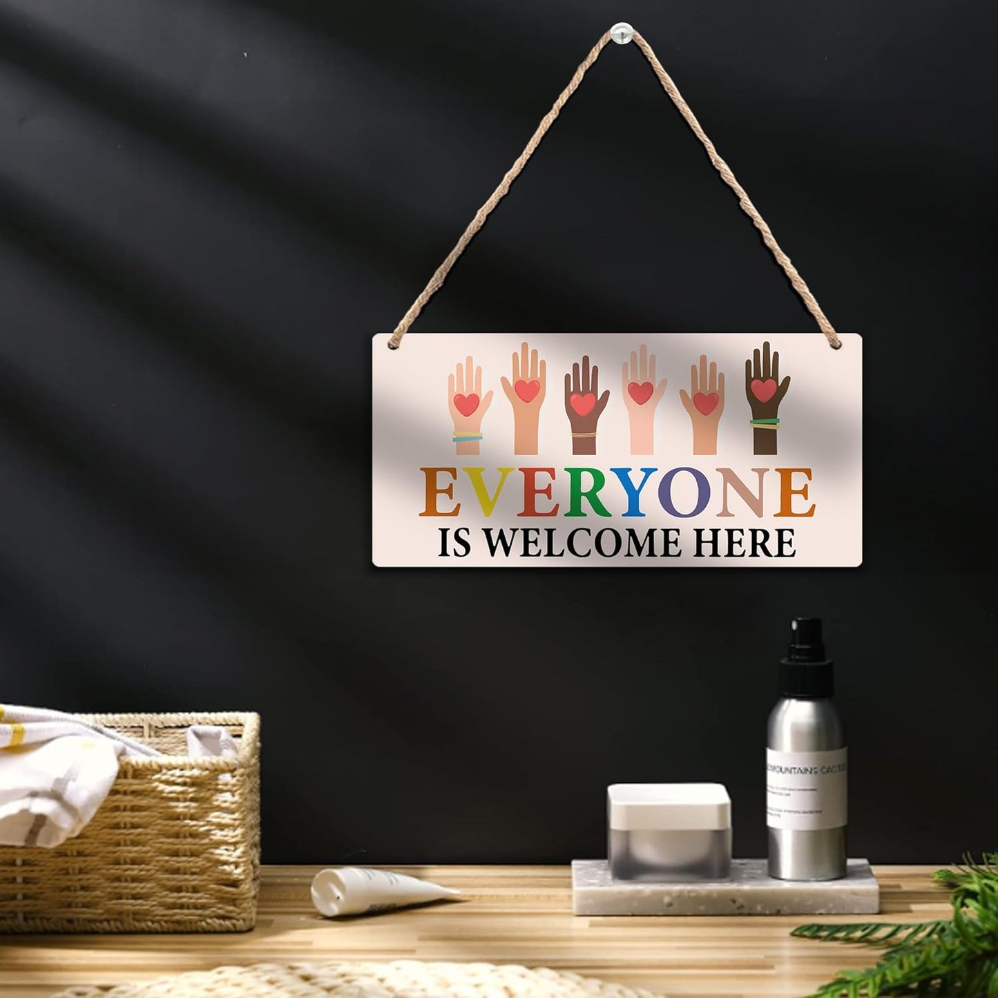 Everyone Is Welcome Here Sign - Classroom Playroom Reading Corner Wall Decor, Boho Rainbow Classroom Wooden Hanging Welcome Sign for Nursery School 12x6 Inches