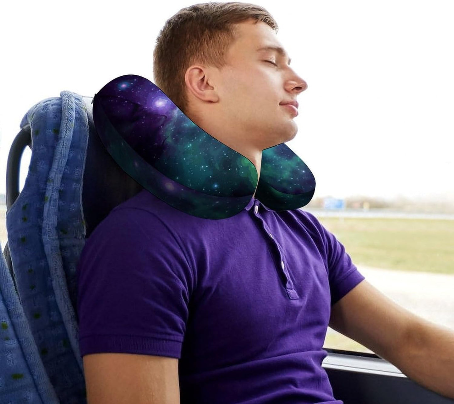 Green Blue Purple Galaxy Neck Pillow Memory Foam U Shaped Pillows Portable Pillows for Shoulder Travel Head Support Pillow with Concealed Zipper for Airplane Car Home Office