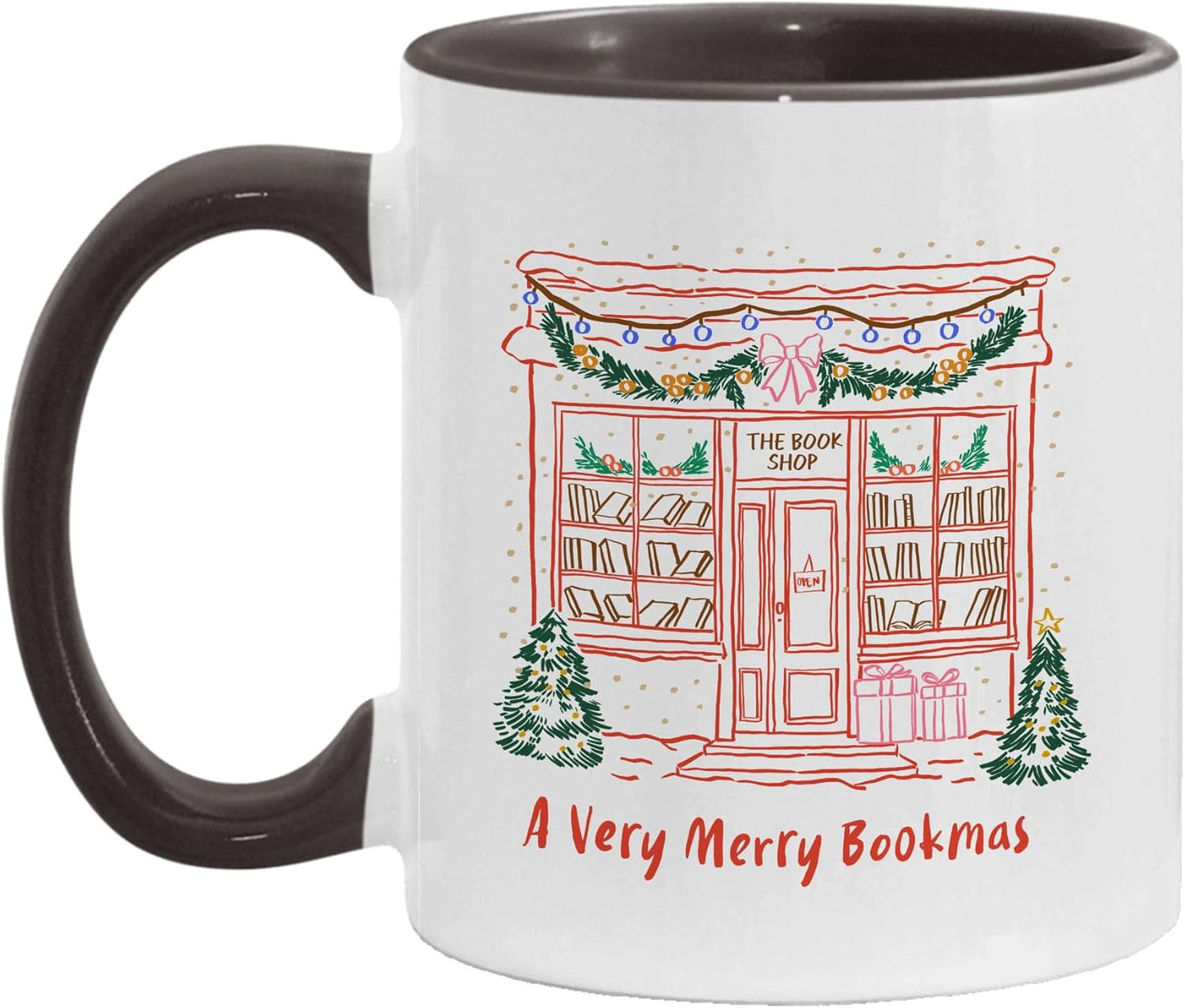 A Very Merry Bookmas Christmas Book Lover Coffee Mugs, Xmas Two-Tone Accent Ceramic Cups, Holiday Gifts, 11oz 15oz