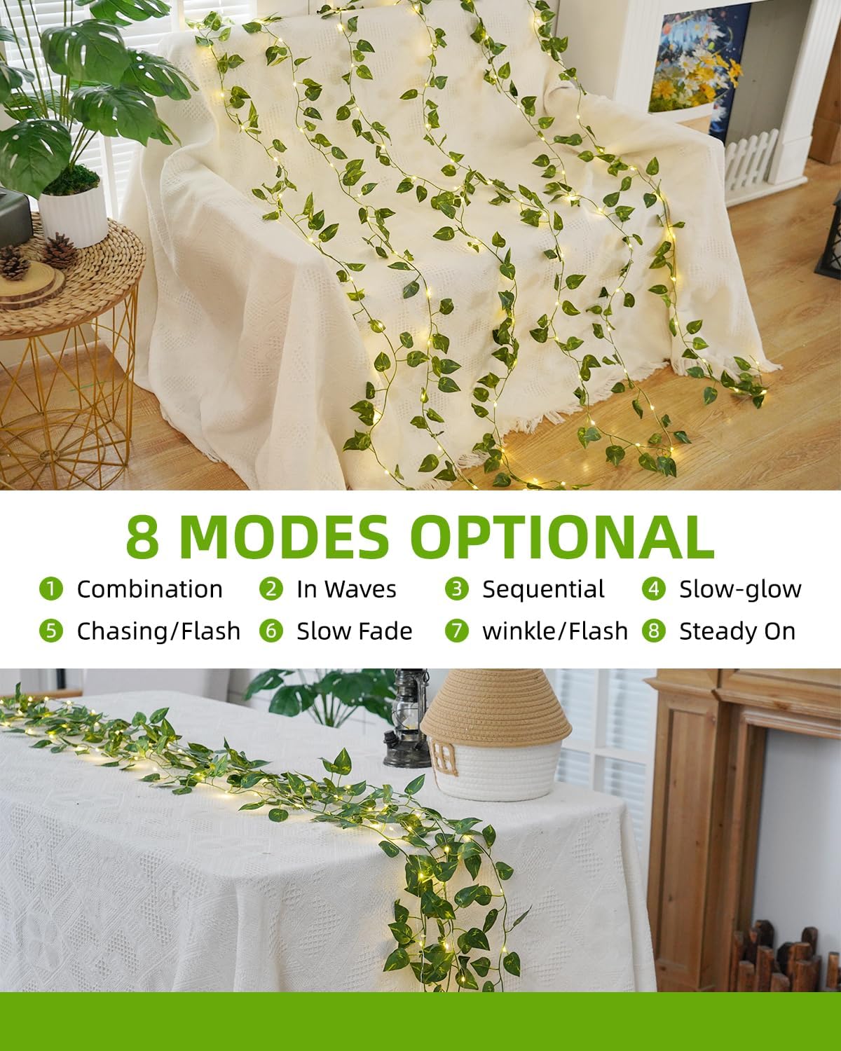 KASZOO 33ft 100 LED Vine with Fairy Lights - Pothos String Lights Battery/USB Operated, Ivy Garland with Remote, Leaf Lights for Bedroom Garden Party Wall Room Decor