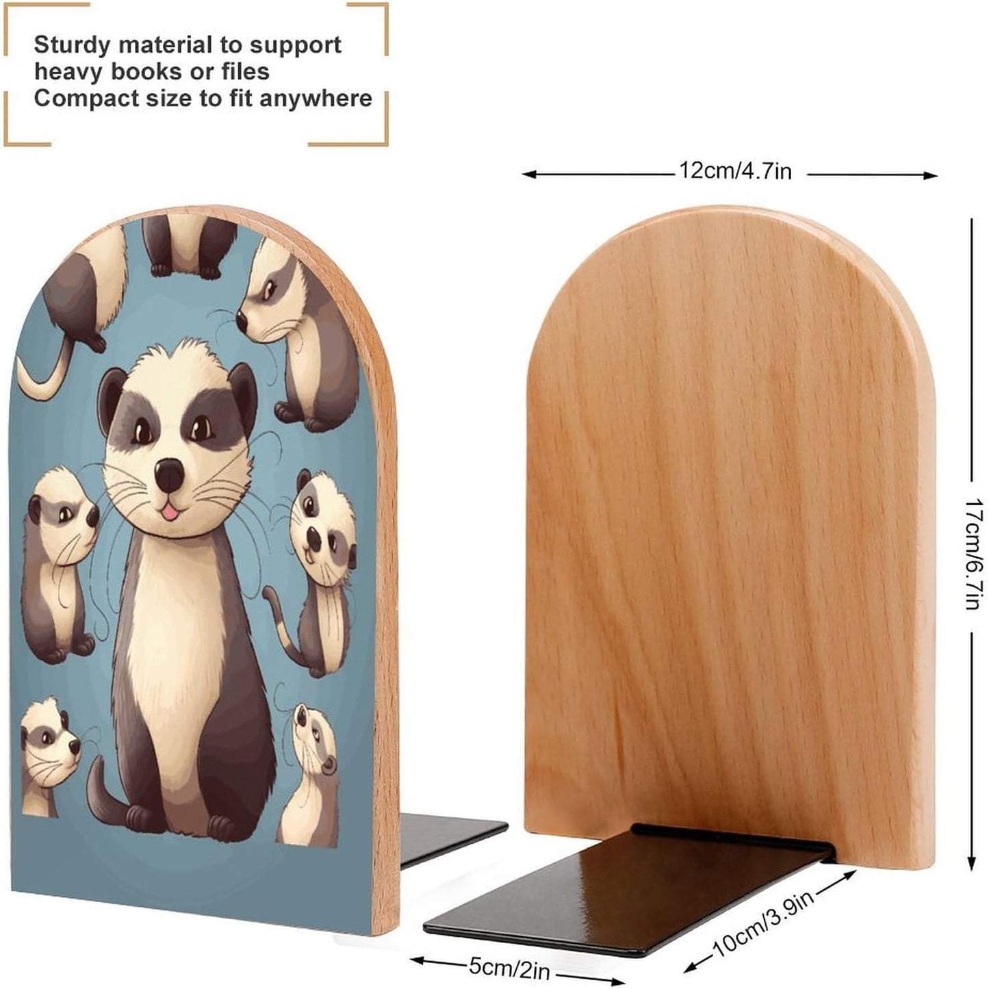 Hairy Ferret Bookend for Shelves Wooden Book End Large Size Sturdy Book Holders Stoppers with Metal Base for Bookshelves Slick Decorative Bookends Stands