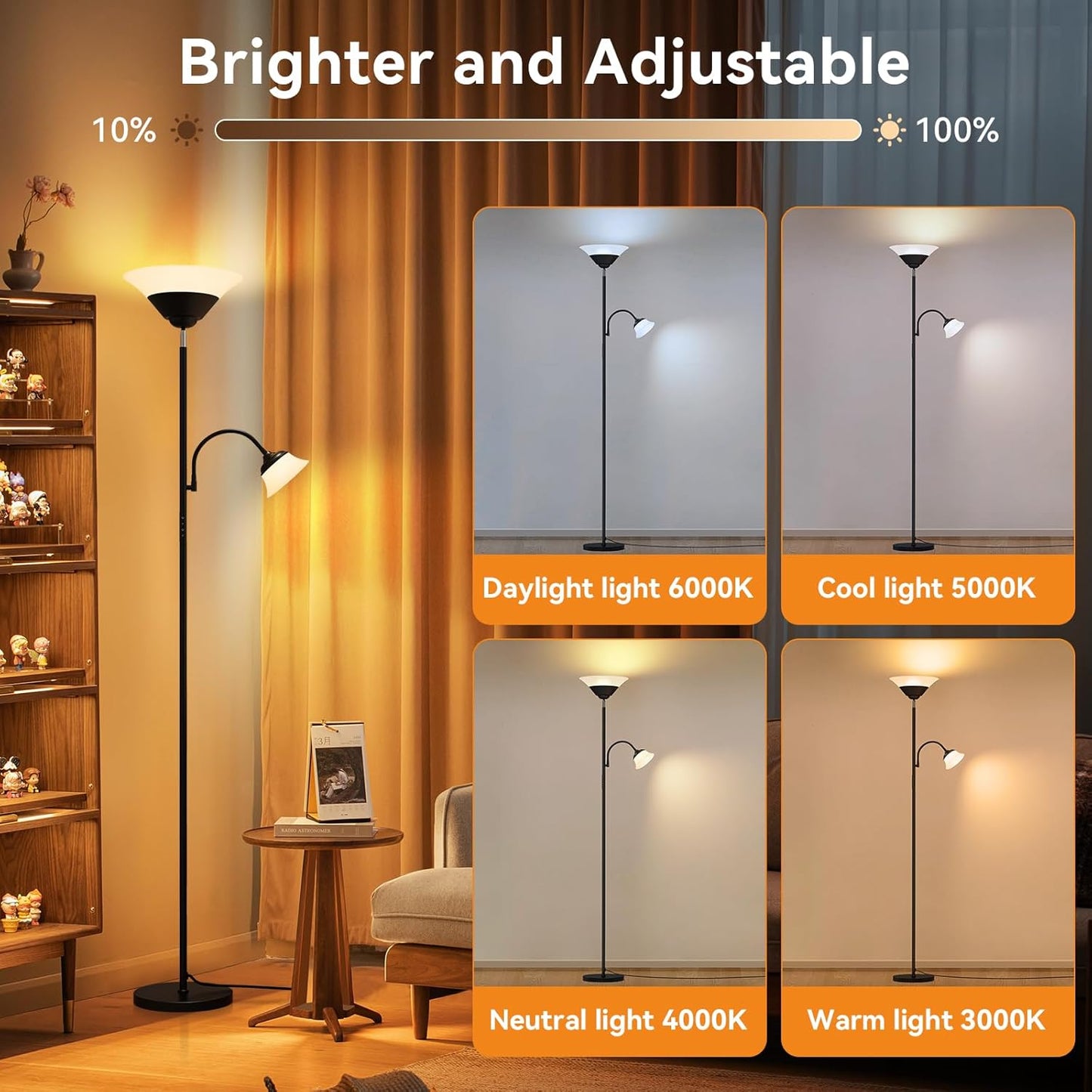 2-in-1 Torchiere Floor Lamp, 34W Super Bright LED Standing Lamp with Remote & Touch Control, 72" Dimmable Adjustable Corner Reading Lamp for Living Room, Bedroom, Office, Black