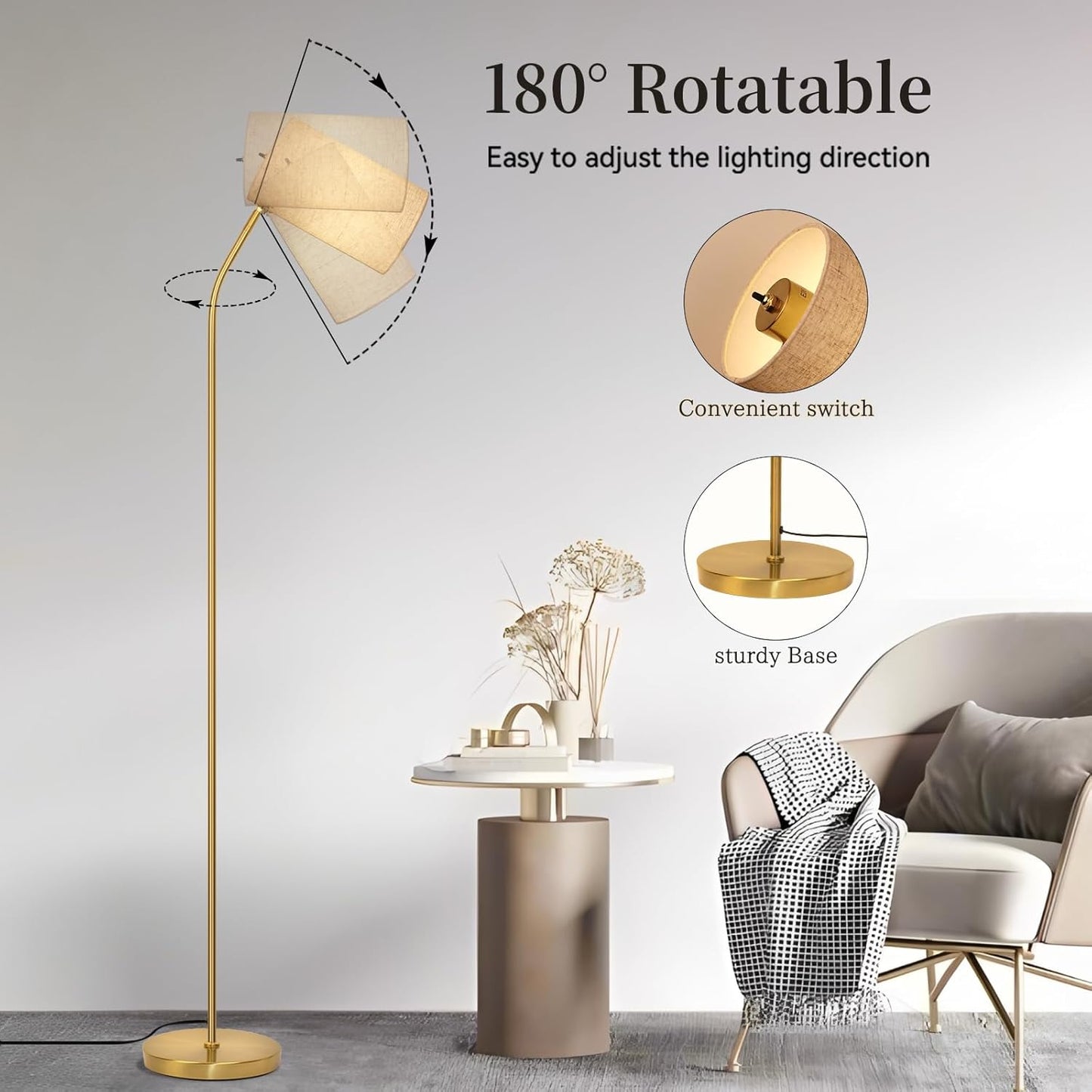 Gold Floor Lamp for Living Room with Remote,Remote Custom Color Temperature & Brightness, Stepless Dimmable Bulb Included,Tall Stand Reading Lamp for Living Room Bedroom Office(Beige/Gold)