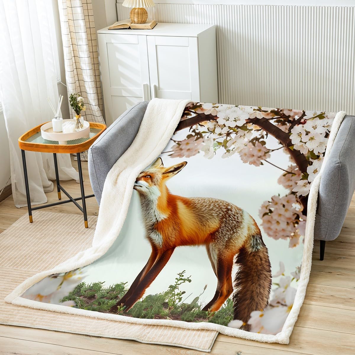 Feelyou Fox Sherpa Blanket for Bed Sofa Couch 40"x50" Cute Cartoon Fox Fleece Throw Blanket Ultra Soft Woodland Fox Plush Blanket Wild Animal Fuzzy Blanket Room Decor Cherry Blossoms Flannal Blanket