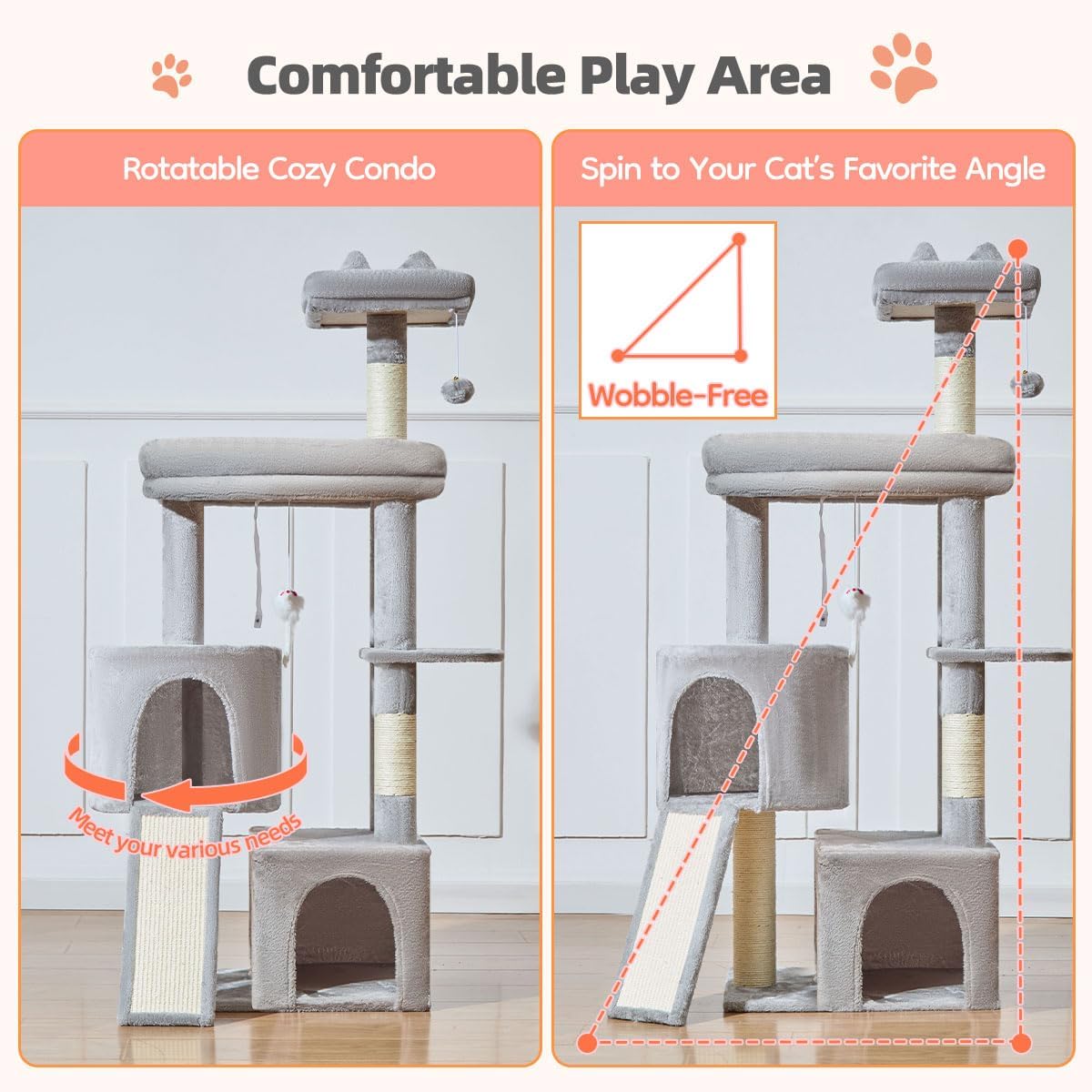Taoqimiao Cat Tree for Indoor Cats, 55.1In Sturdy Cat Tower, Large Platform, Rotatable Round Condo with Large Scratch Board, Extended Cat House, Thickened Full-Sisal Scratching Post, Light Gray, F10W