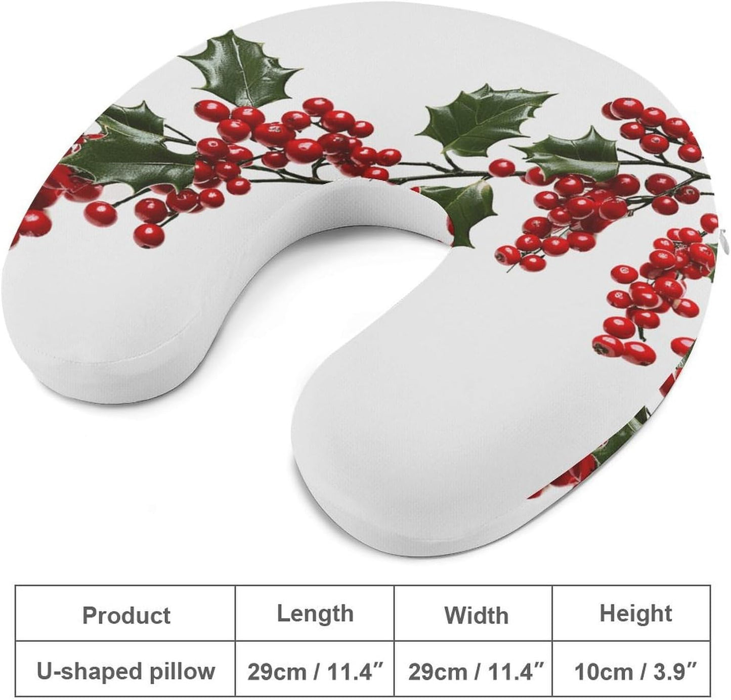 Holly Berry Branches Neck Pillow Memory Foam U Shaped Pillows Portable Pillows for Shoulder Travel Head Support Pillow with Concealed Zipper for Airplane Car Home Office