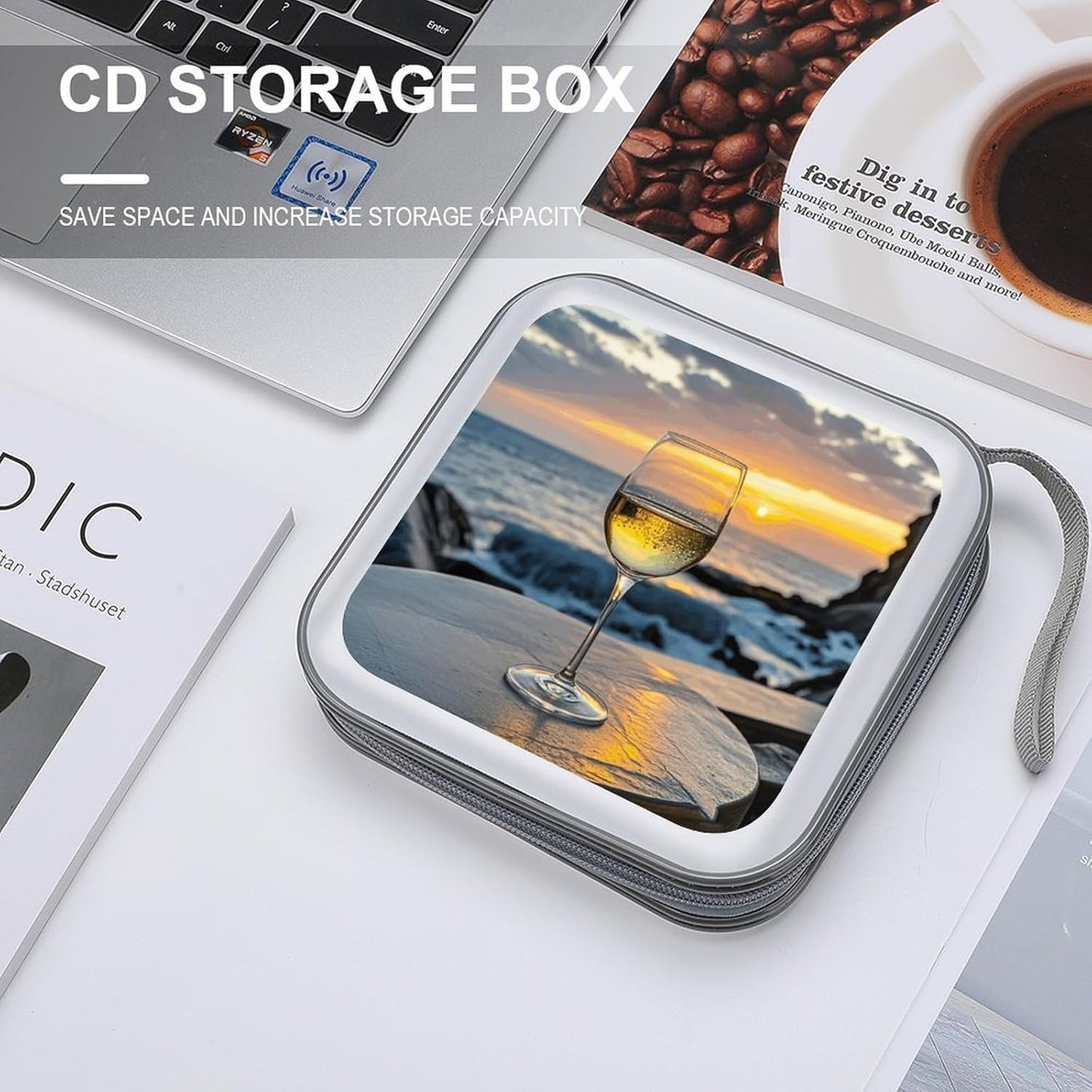 Sunset Wine Glass CD Case Portable Zipper CD Case 40 Capacity Hard Plastic DVD Cases Holder Large Storage Disc Wallet Bag for Car Home Travel DVD Collection Bag
