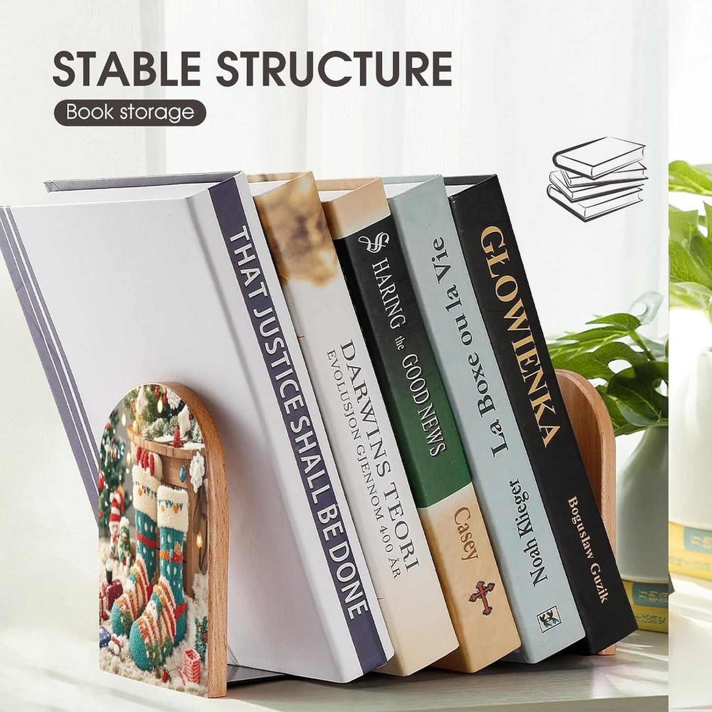 Cute Christmas Socks Bookends 1 Pair Heavy Duty Book Ends for Shelves Non-Skid Bookend Supports Wooden Book Holders with Metal Base Desk Organizers Books Storage to Hold Books