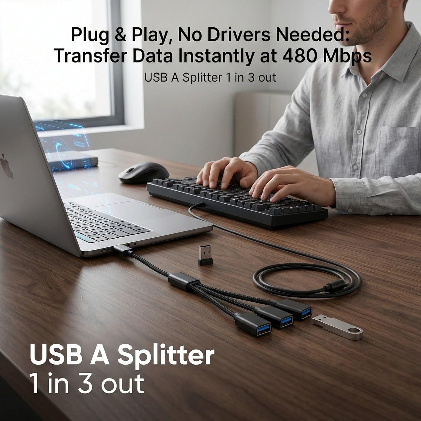 USB Splitter 1 in 3 Out, USB A Splitter Adapter, 2025 Upgraded USB 2.0 Male to 3 Female Y Extension Hub Cable for PC/Laptop/Xbox/Flash Drive/Mouse/Keyboard(Black)