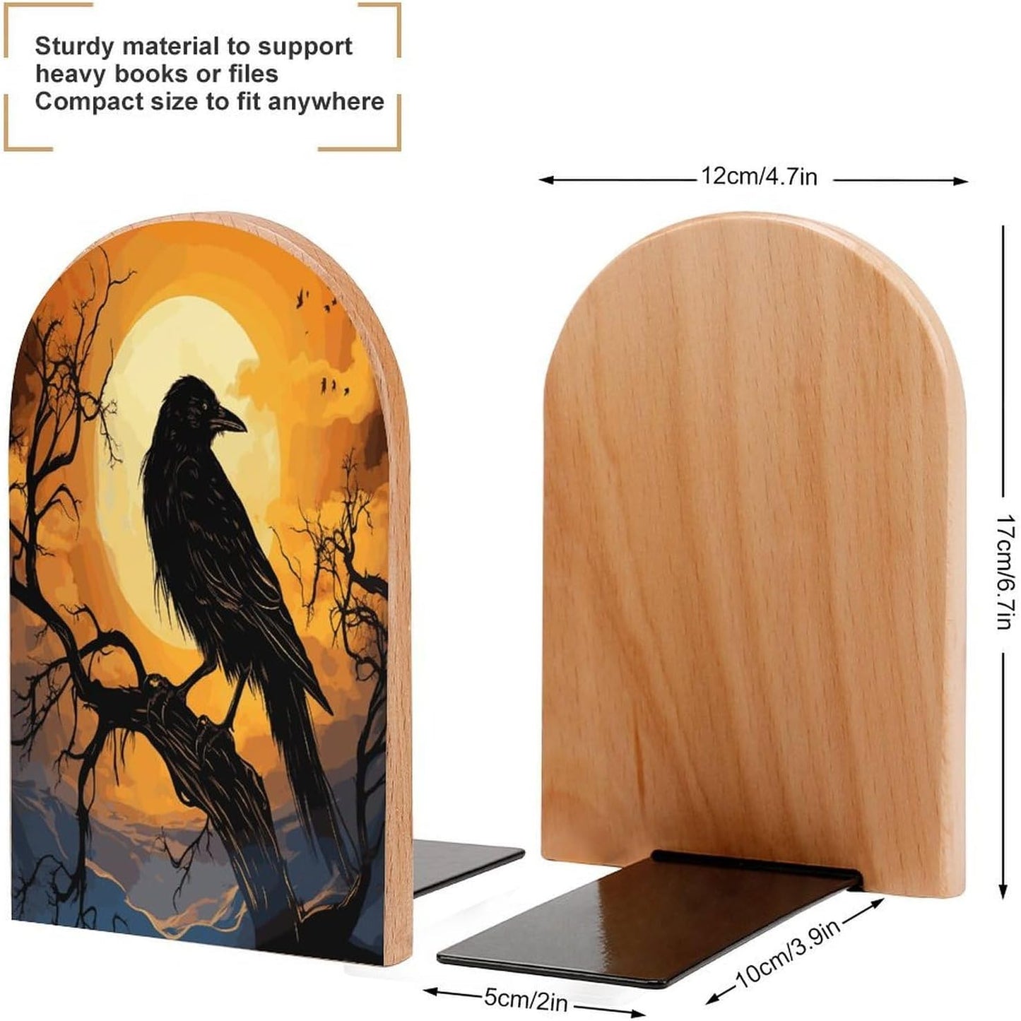 Non-Slip Bookend for Shelves Crow Wooden Bookends with Metal Base Decorative Book Stopper for Home Heavy Duty Wood Book Storage for Books/CDs