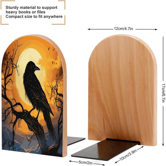 Non-Slip Bookend for Shelves Crow Wooden Bookends with Metal Base Decorative Book Stopper for Home Heavy Duty Wood Book Storage for Books/CDs