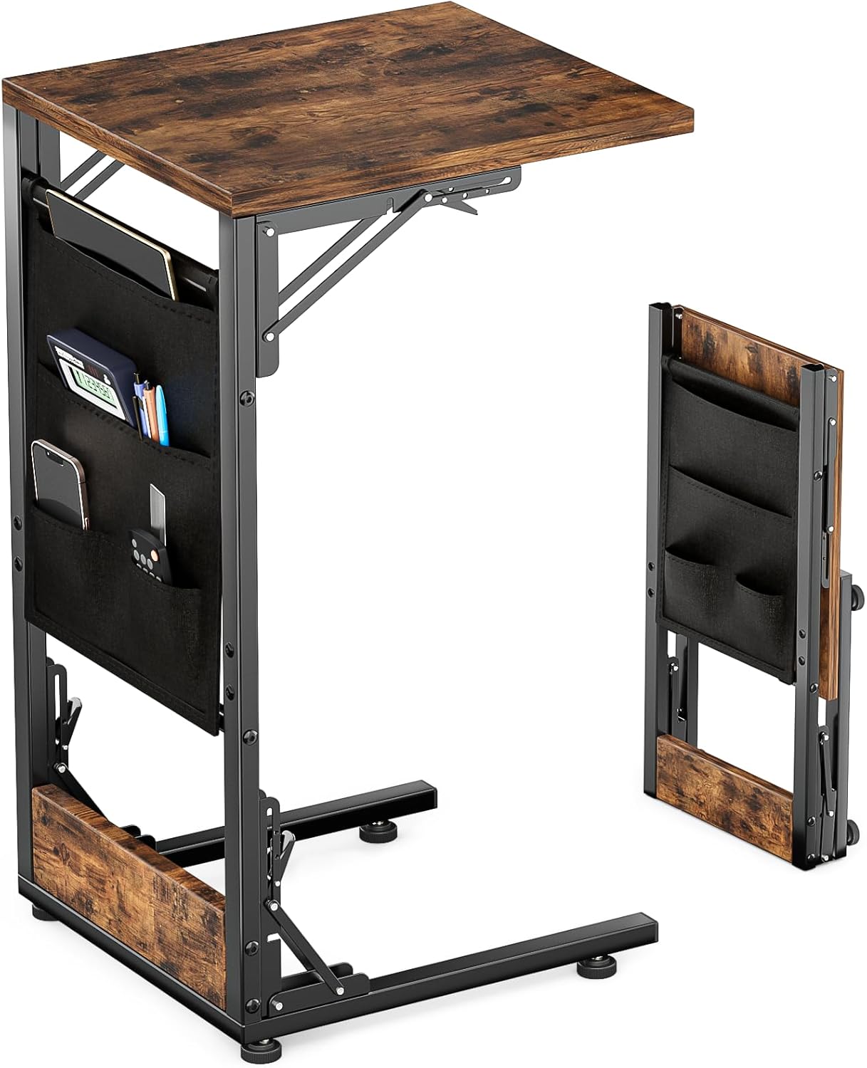 Folding TV Tray Table, Small Folding Side Table with Storage Bag, Portable C Shaped End Stand for Couch Sofa Bed, Rustic Brown