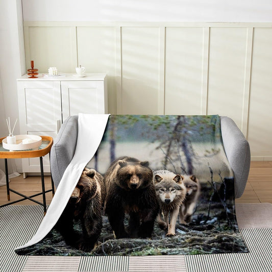Bear Fleece Blanket Queen Size, Wolf Fuzzy Blanket for Sofa Bed Couch, Black White Woodland Animals Throw Blanket Wildlife Theme, Mammal Silhouette with Mountain Landscape Soft Plush Bed Blanket