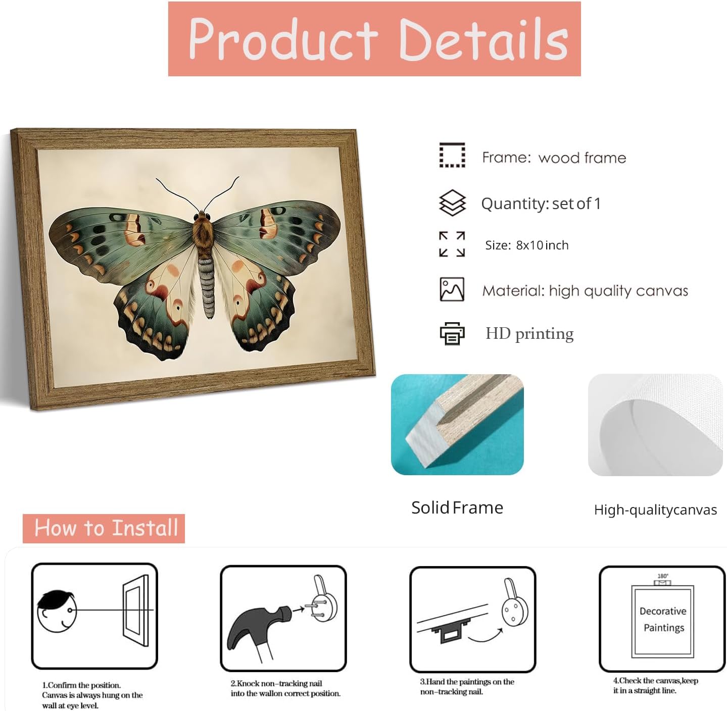 Vintage Butterfly Wall Art Framed Canvas Retro Butterfly Moody Insect Artwork Prints Picture Antique Moth Artwork for Cottagecore Living Room Bedroom 8x10 Inch