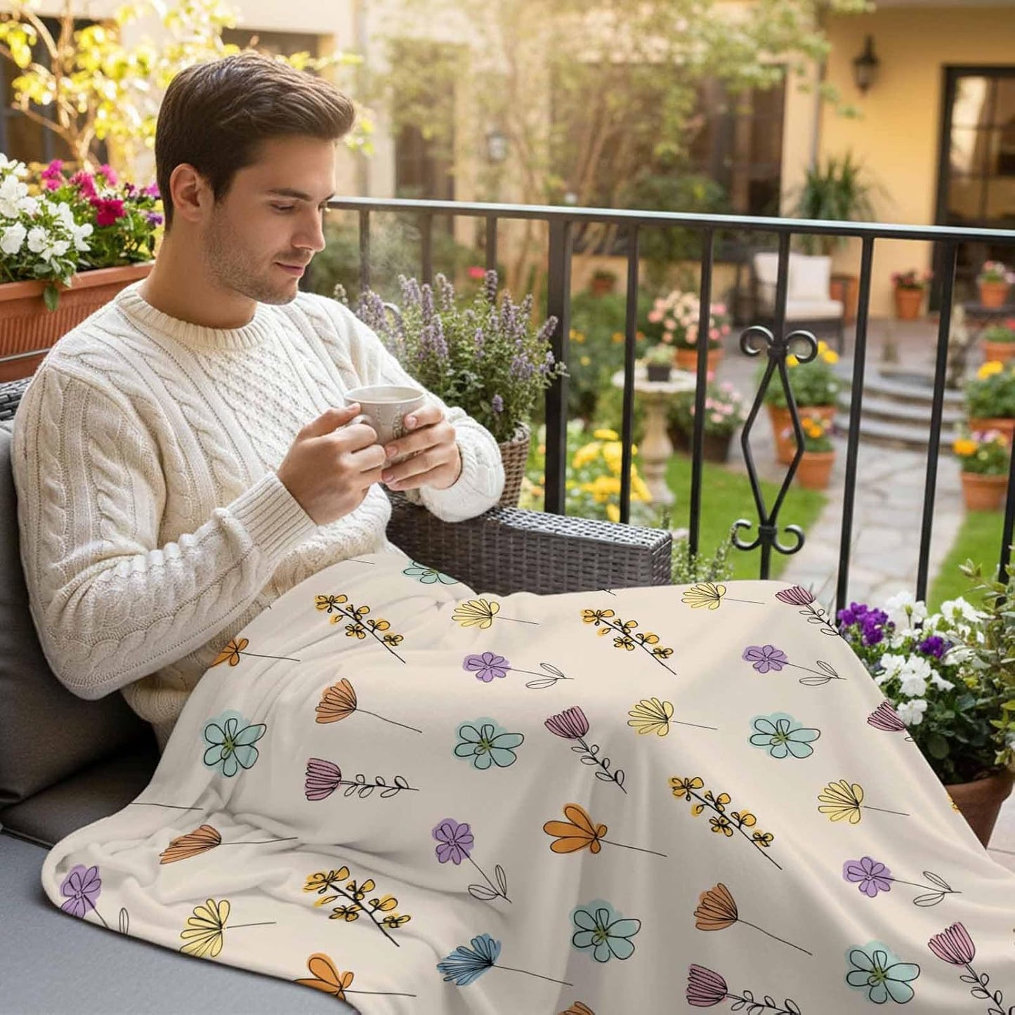 Spring Plant Throw Flannel Blanket 40x50In, Yellow Pink Purple Flower Farm Floral Beige Super Soft Cozy Bed Blanket, Lightweight Plush Fuzzy Bed Throw for Bedroom Sofa Couch Living Room