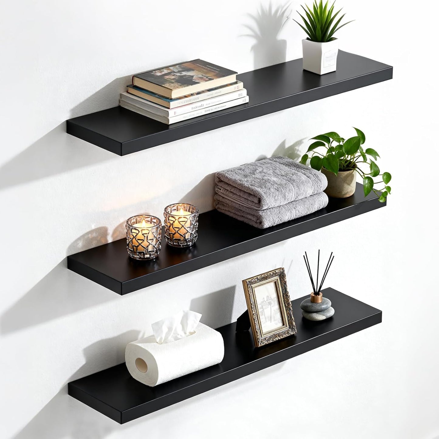 JAMBALAY Floating Shelves for Wall, 16" Wall Mounted Rustic Wood Shelves for Bathroom, Living Room, Bedroom, Kitchen. Hanging Shelf for Books/Storage/Decor (Black, Set of 3)